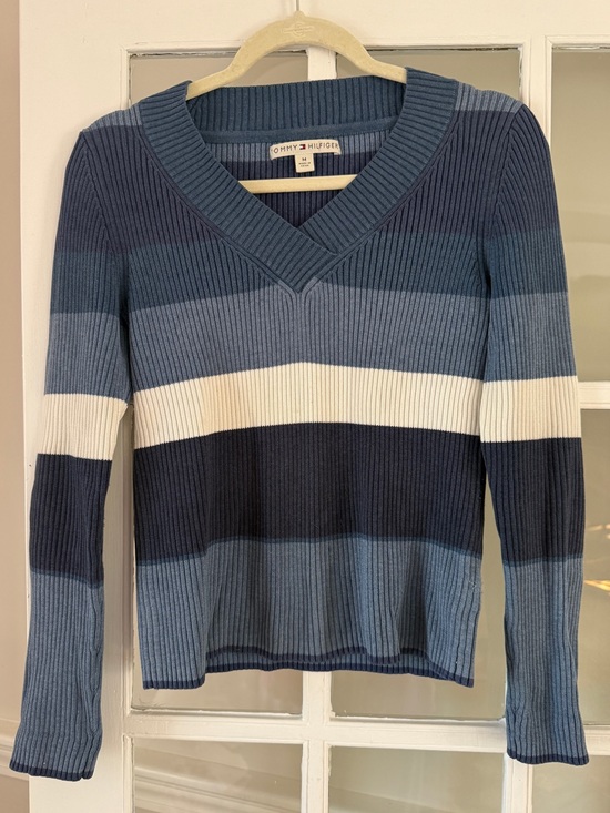 Tommy Hilfiger Sweaters - Tommy Hilfiger Striped V-Neck Sweater in Navy, Light Blue & White